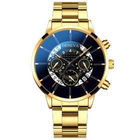 Men's Three Eyes Gold Steel Band Calendar Quartz Watch (Color: Gold with black face)