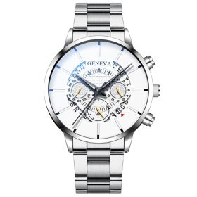 Men's Three Eyes Gold Steel Band Calendar Quartz Watch (Color: silver with white)