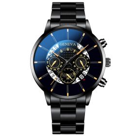 Men's Three Eyes Gold Steel Band Calendar Quartz Watch (Color: black with yellow needle)