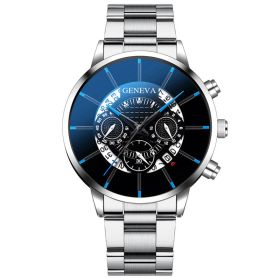 Men's Three Eyes Gold Steel Band Calendar Quartz Watch (Color: Silver with black face)