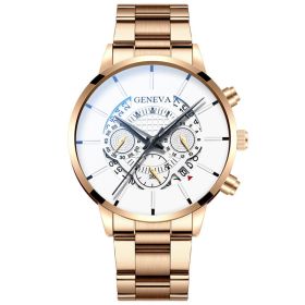 Men's Three Eyes Gold Steel Band Calendar Quartz Watch (Color: rose gold with white)