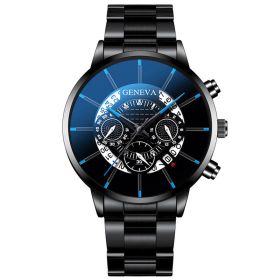 Men's Three Eyes Gold Steel Band Calendar Quartz Watch (Color: Black with blue needle)