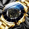 Men's Three Eyes Gold Steel Band Calendar Quartz Watch